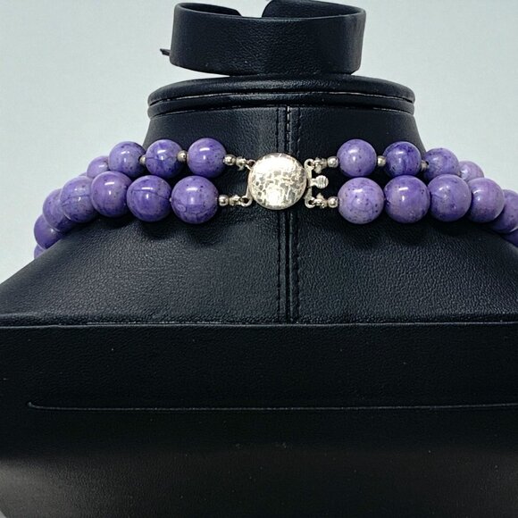 Double Strand Purple Beaded Necklace with Silver Accents Vintage-Inspired 25"L - Picture 4 of 5